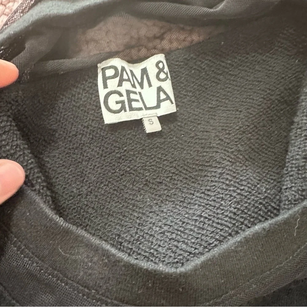 Pam & gela sleeveless terry half zip back slit pesh paneled black top size S